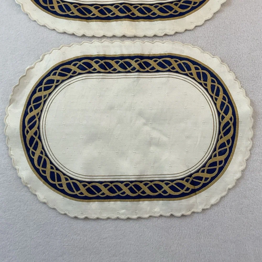 Lenox Hamilton Oval Placemats Cloth Set Of 2 Ivory Gold Navy Blue Vintage Lot #3